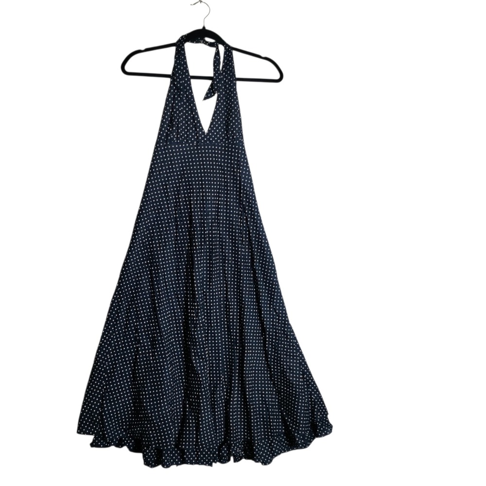 Gap Navy Blue Polka Dot Halter Midi Dress Ruffle Hem Cotton Size 4 - Picture 1 of 7
